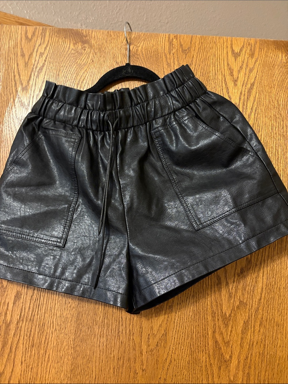 Black Faux Leather Elastic-Waist Women’s Shorts
